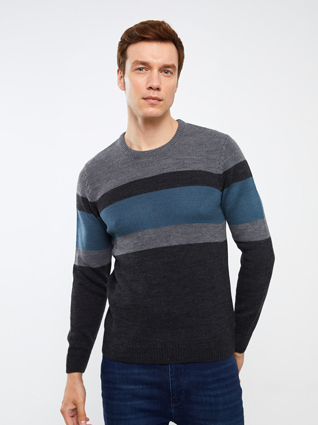 Crew Neck Long Sleeve Color Block Men's Knitwear Sweater