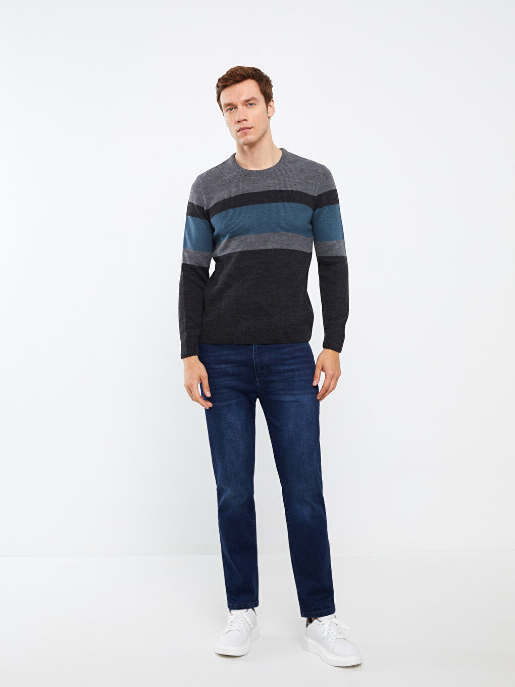 Crew Neck Long Sleeve Color Block Men's Knitwear Sweater