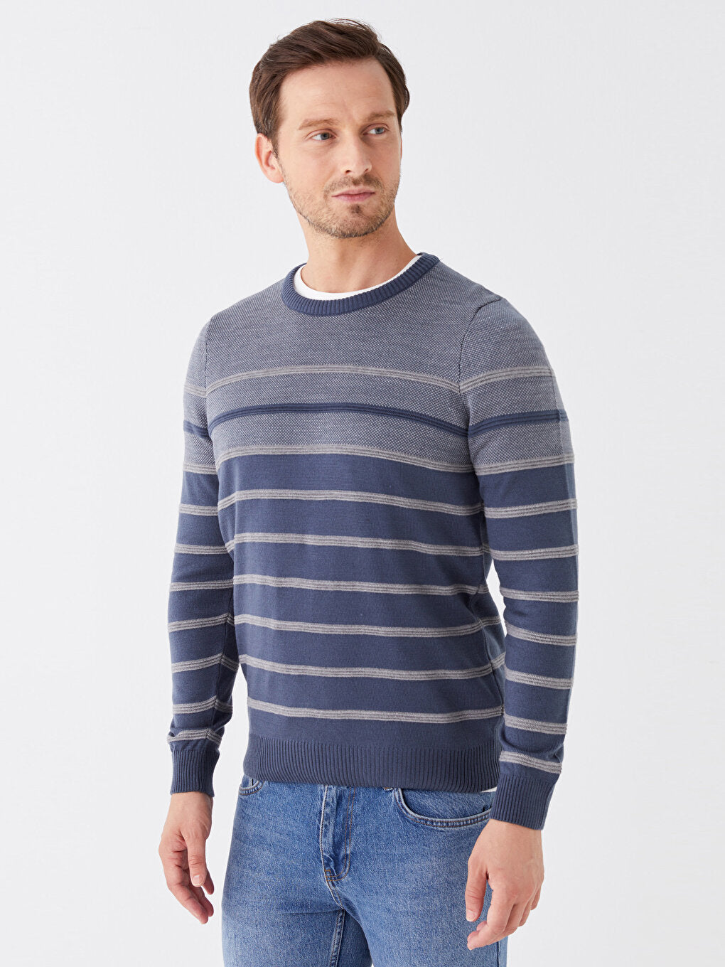 Crew Neck Long Sleeve Striped Men's Knitwear Sweater