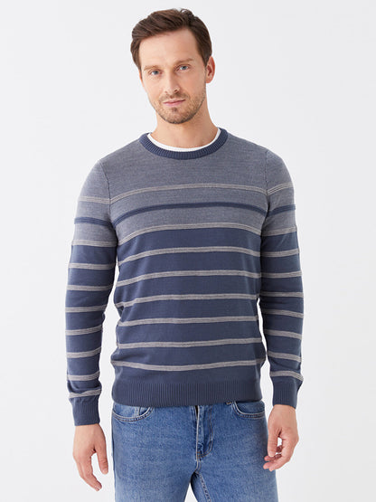 Crew Neck Long Sleeve Striped Men's Knitwear Sweater