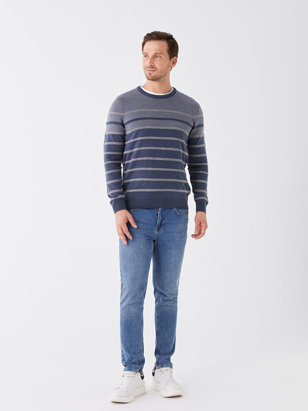 Crew Neck Long Sleeve Striped Men's Knitwear Sweater