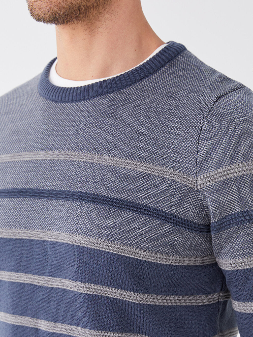 Crew Neck Long Sleeve Striped Men's Knitwear Sweater