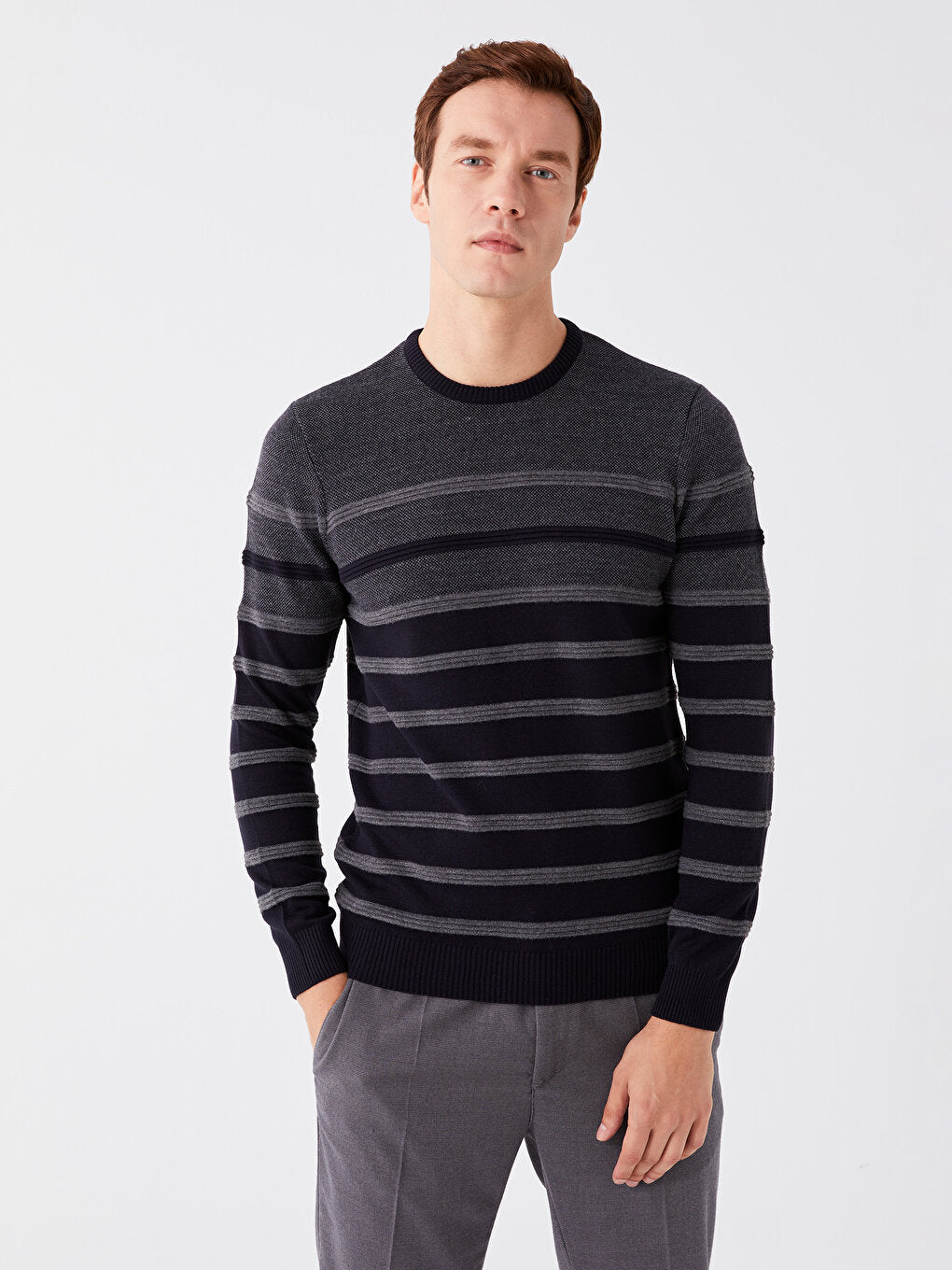 Crew Neck Long Sleeve Striped Men's Knitwear Sweater