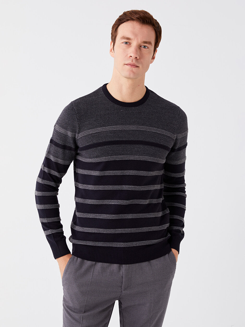 Crew Neck Long Sleeve Striped Men's Knitwear Sweater