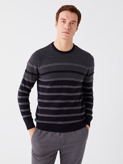 Crew Neck Long Sleeve Striped Men's Knitwear Sweater