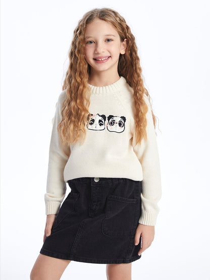 Crew Neck Embroidered Long Sleeve Girl's Knitwear Sweater