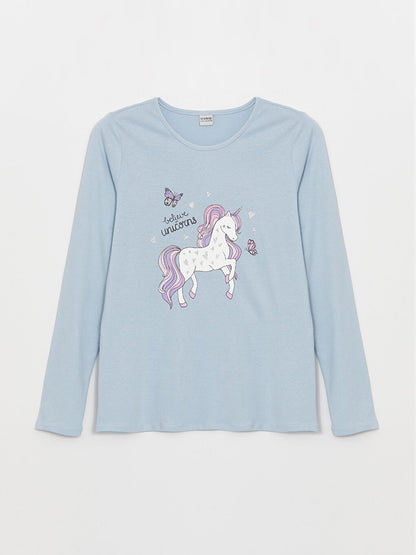 Crew Neck Printed Long Sleeve Girls' T-Shirt