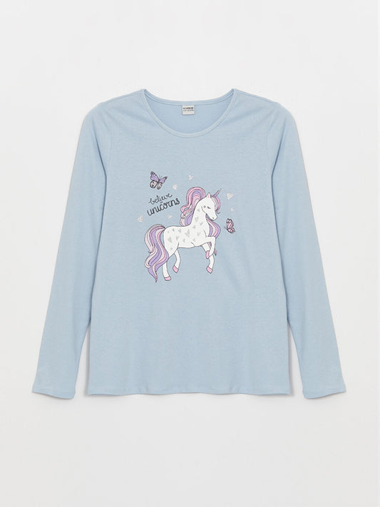 Crew Neck Printed Long Sleeve Girls' T-Shirt