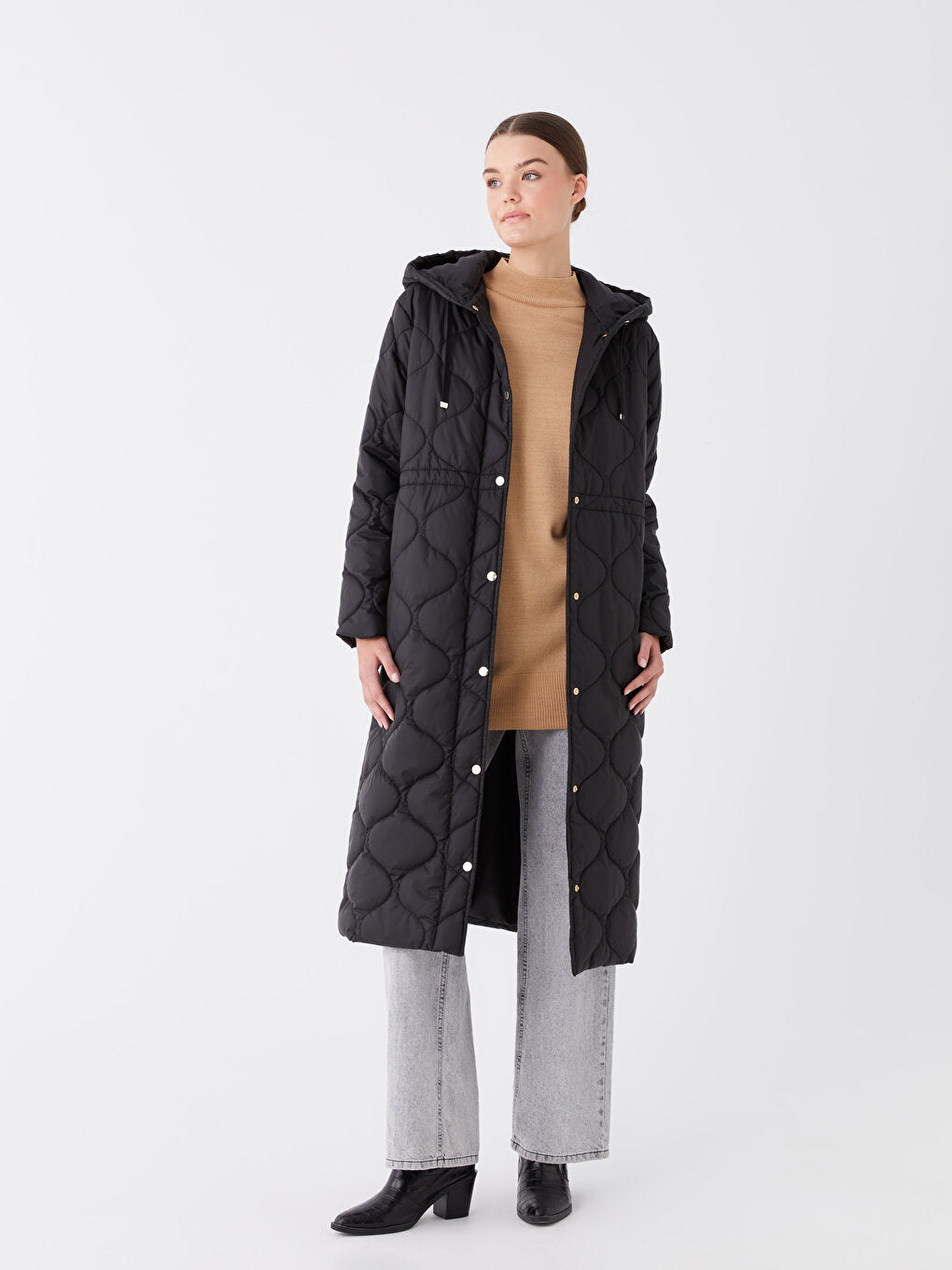 Hooded, Self-patterned Long Sleeve Women's Puffer Coat