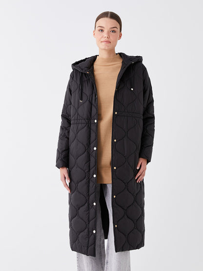 Hooded, Self-patterned Long Sleeve Women's Puffer Coat