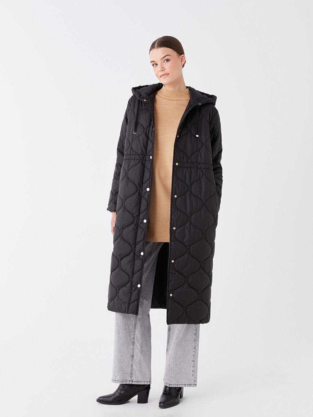 Hooded, Self-patterned Long Sleeve Women's Puffer Coat