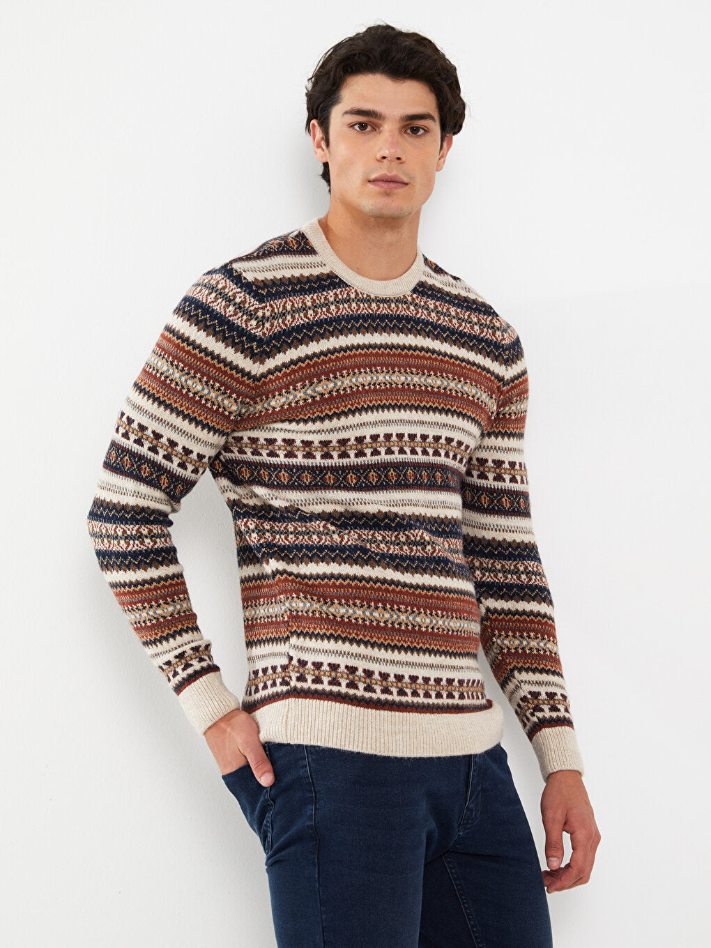 Crew Neck Long Sleeve Patterned Men's Knitwear Sweater