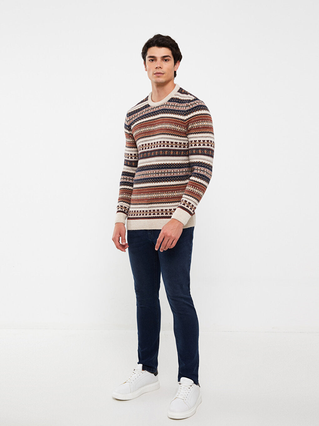 Crew Neck Long Sleeve Patterned Men's Knitwear Sweater