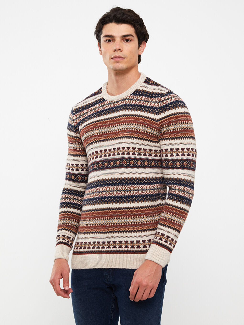 Crew Neck Long Sleeve Patterned Men's Knitwear Sweater