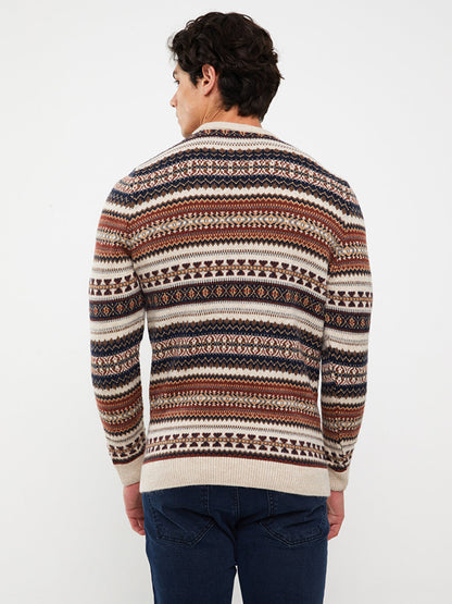 Crew Neck Long Sleeve Patterned Men's Knitwear Sweater