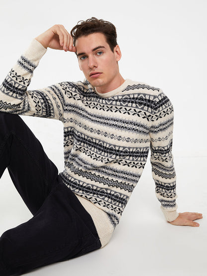 Crew Neck Long Sleeve Patterned Men's Knitwear Sweater