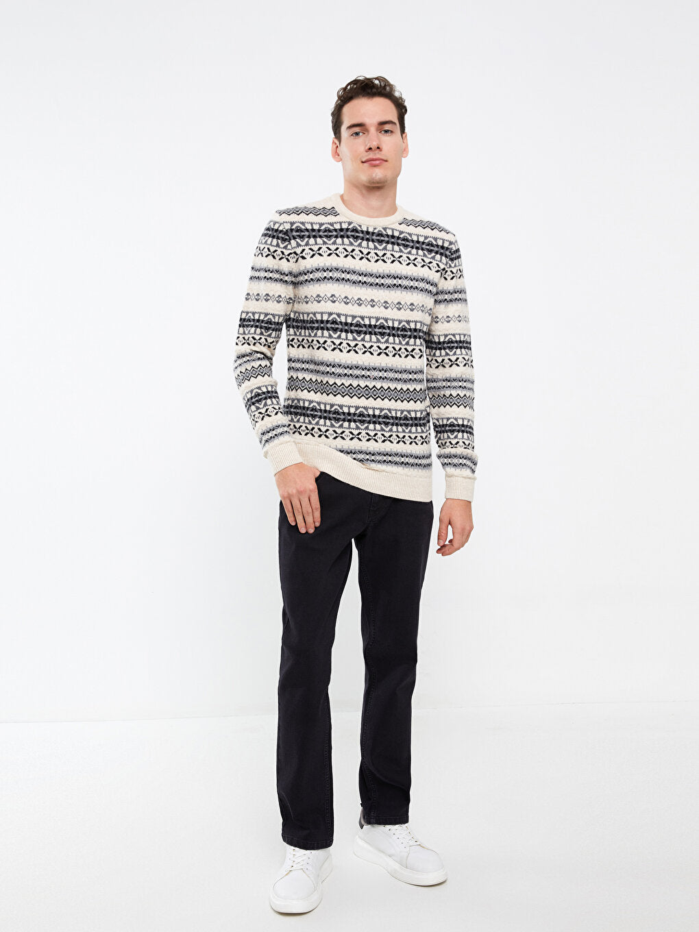 Crew Neck Long Sleeve Patterned Men's Knitwear Sweater