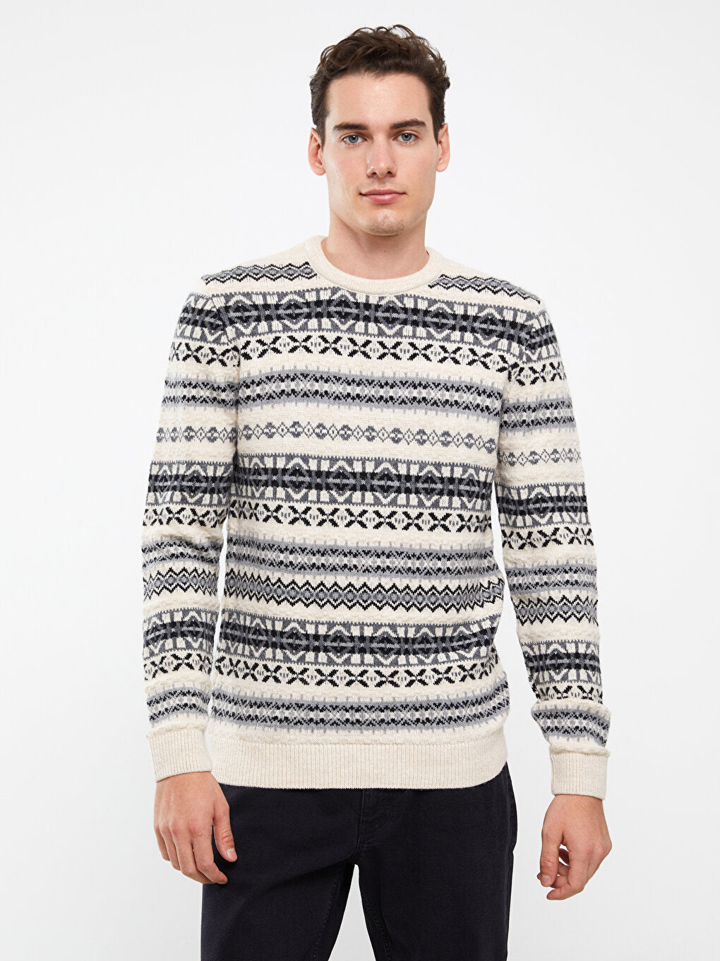 Crew Neck Long Sleeve Patterned Men's Knitwear Sweater