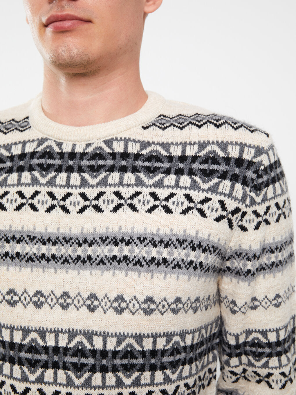 Crew Neck Long Sleeve Patterned Men's Knitwear Sweater