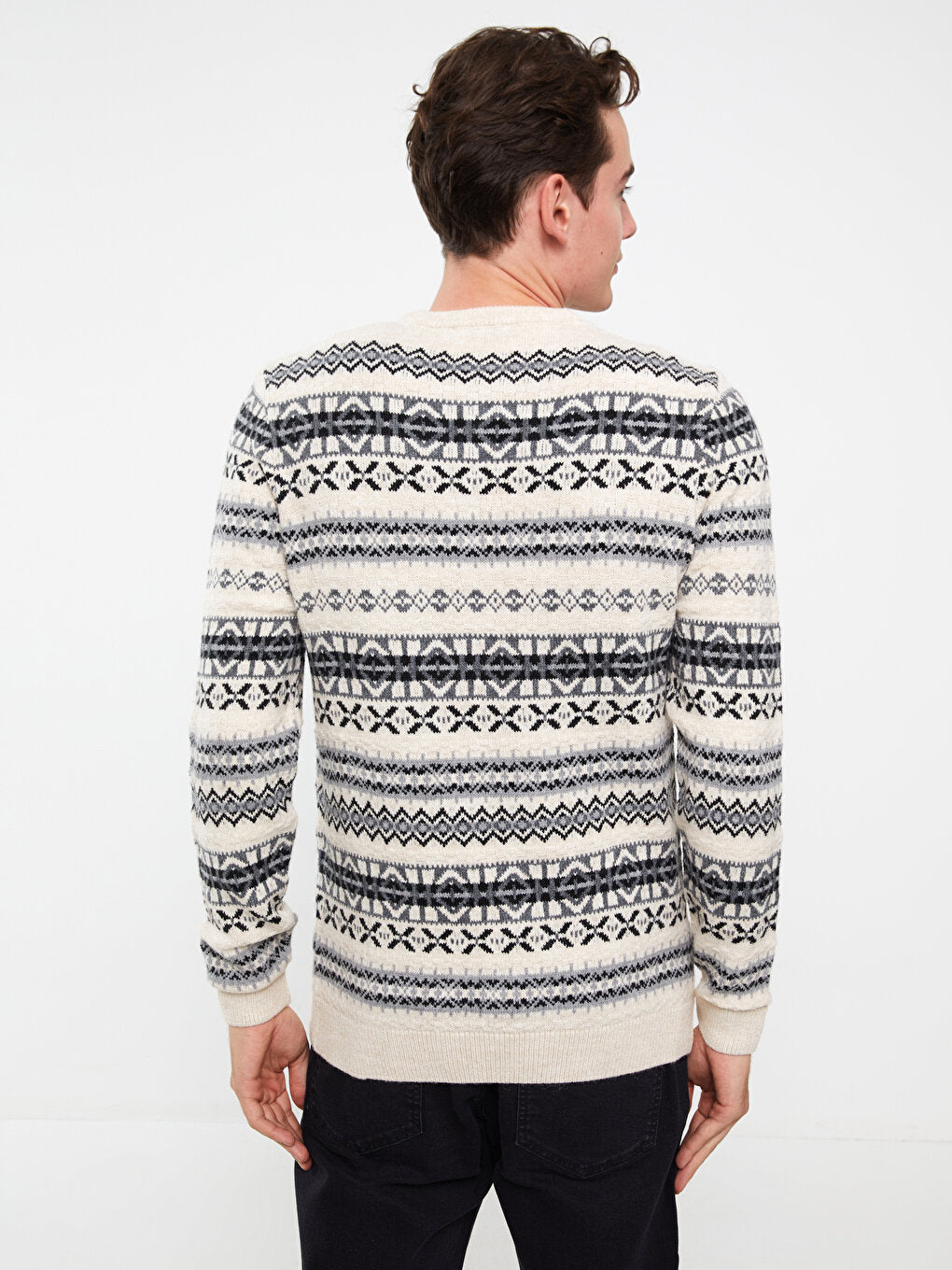 Crew Neck Long Sleeve Patterned Men's Knitwear Sweater