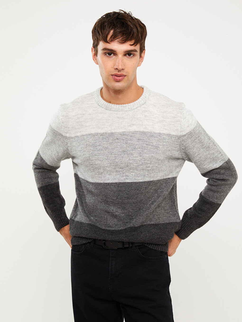 Crew Neck Long Sleeve Color Block Men's Knitwear Sweater