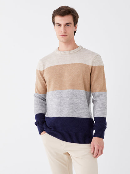 Crew Neck Long Sleeve Color Block Men's Knitwear Sweater