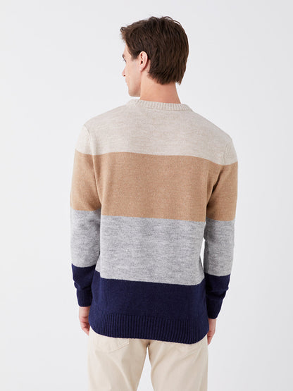 Crew Neck Long Sleeve Color Block Men's Knitwear Sweater