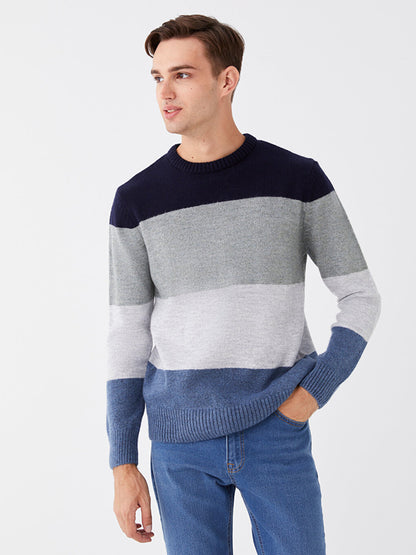 Crew Neck Long Sleeve Color Block Men's Knitwear Sweater