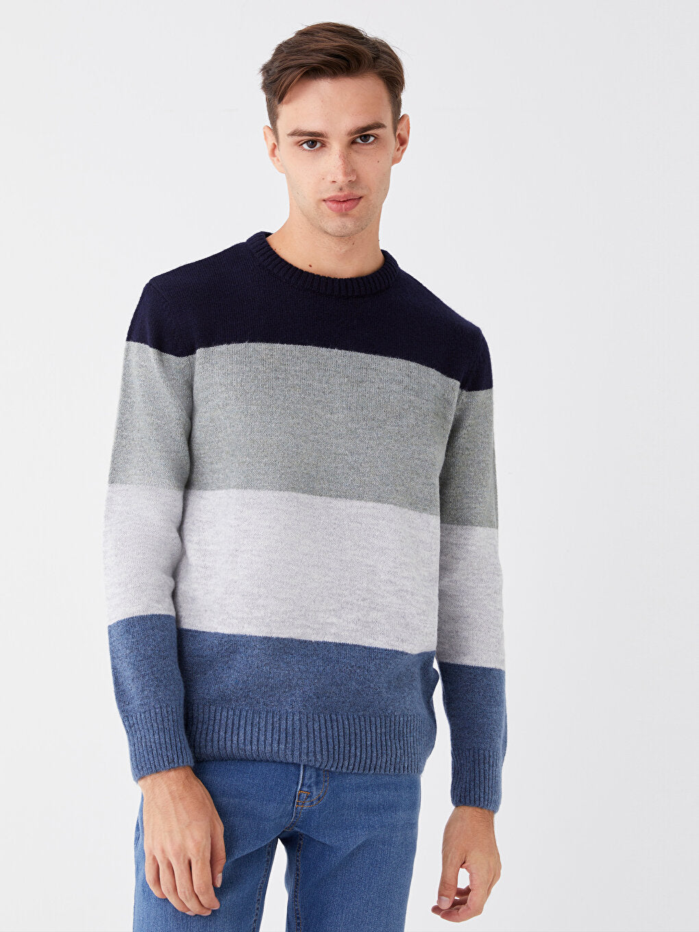 Crew Neck Long Sleeve Color Block Men's Knitwear Sweater