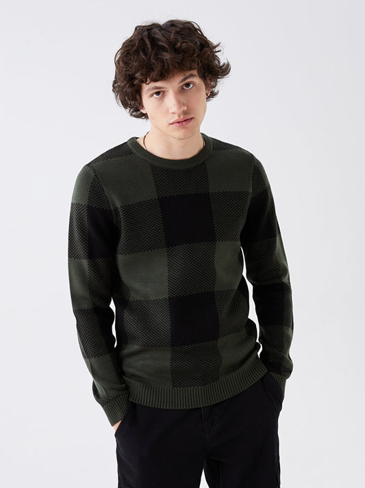 Crew Neck Long Sleeve Plaid Men's Knitwear Sweater