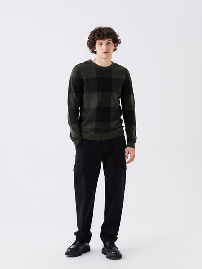 Crew Neck Long Sleeve Plaid Men's Knitwear Sweater