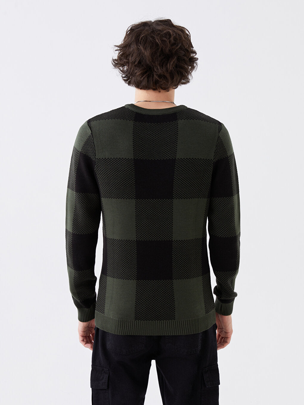 Crew Neck Long Sleeve Plaid Men's Knitwear Sweater