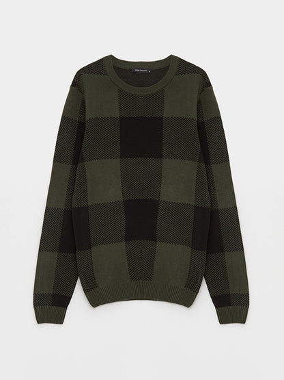 Crew Neck Long Sleeve Plaid Men's Knitwear Sweater