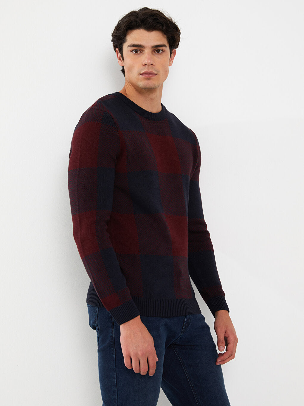 Crew Neck Long Sleeve Plaid Men's Knitwear Sweater