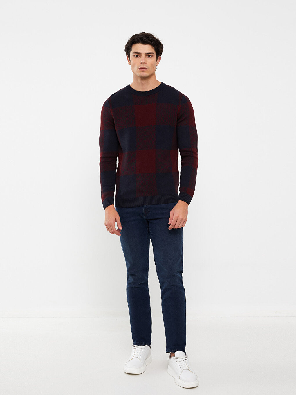 Crew Neck Long Sleeve Plaid Men's Knitwear Sweater