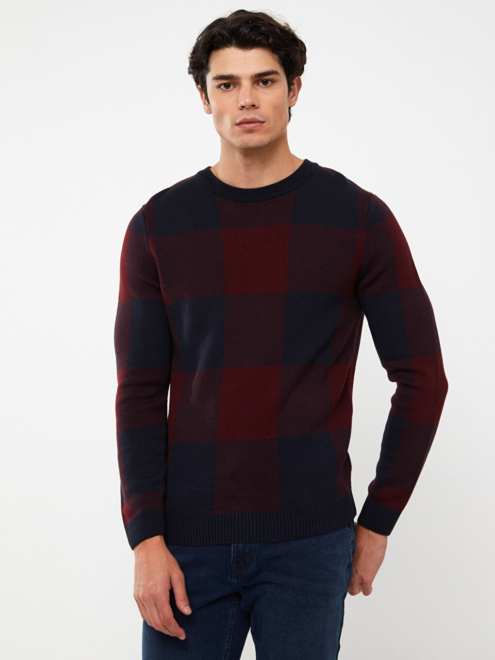 Crew Neck Long Sleeve Plaid Men's Knitwear Sweater