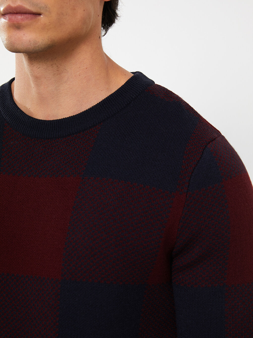 Crew Neck Long Sleeve Plaid Men's Knitwear Sweater