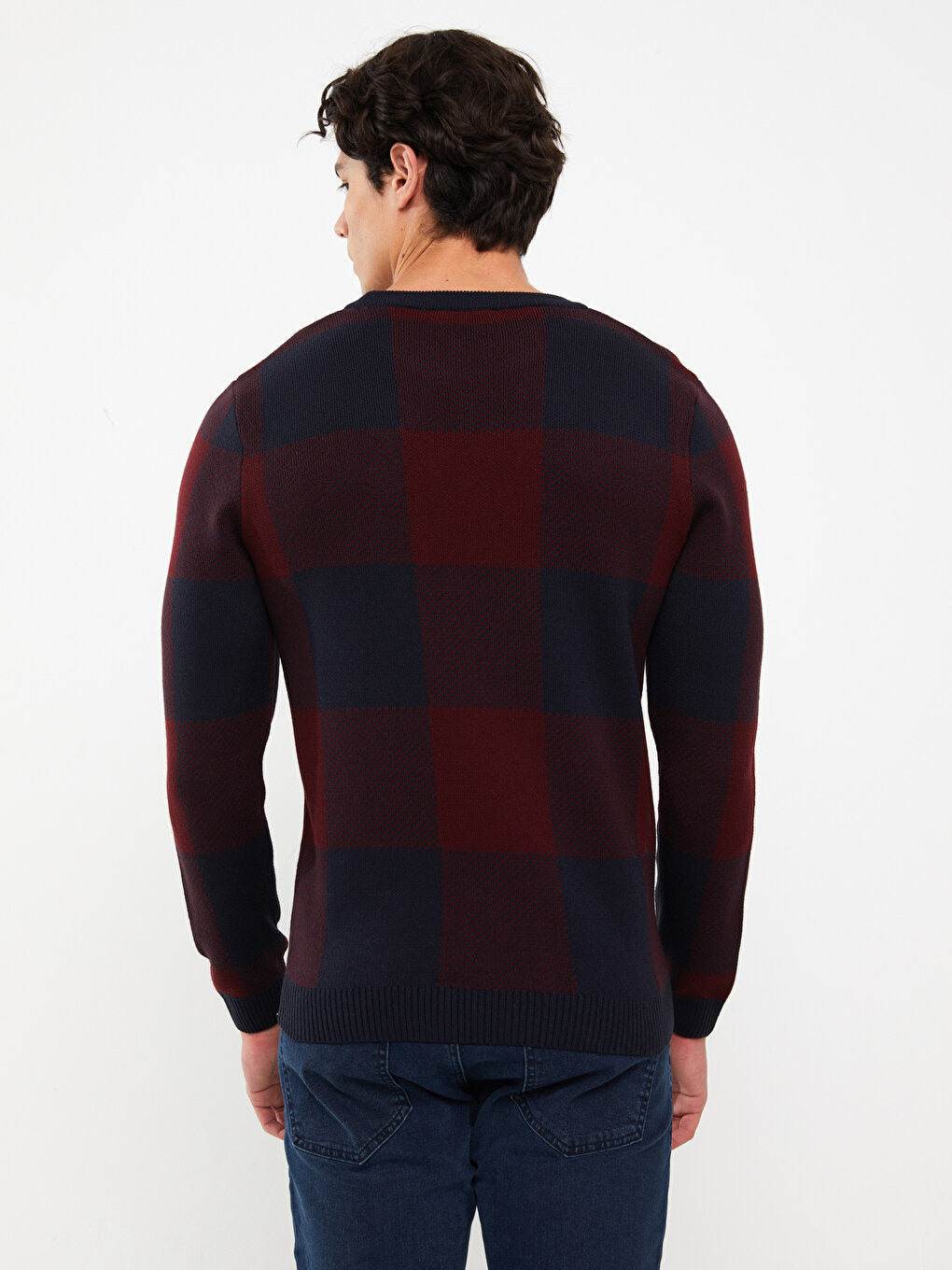 Crew Neck Long Sleeve Plaid Men's Knitwear Sweater