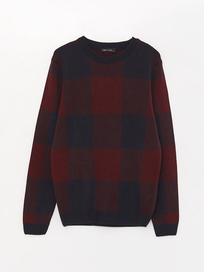 Crew Neck Long Sleeve Plaid Men's Knitwear Sweater