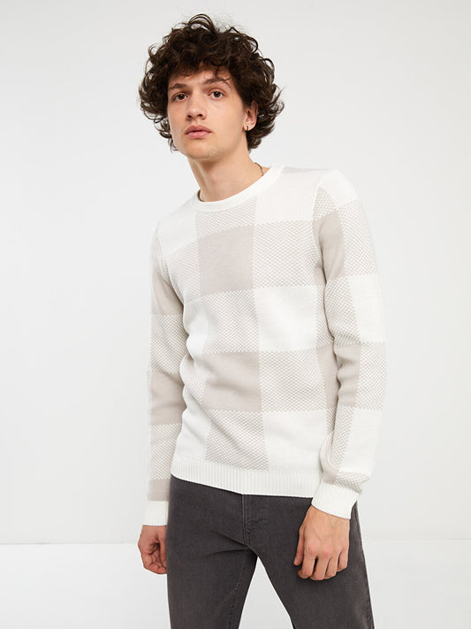 Crew Neck Long Sleeve Plaid Men's Knitwear Sweater