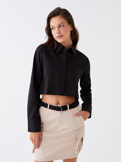 Plain Long Sleeve Crop Poplin Women's Shirt