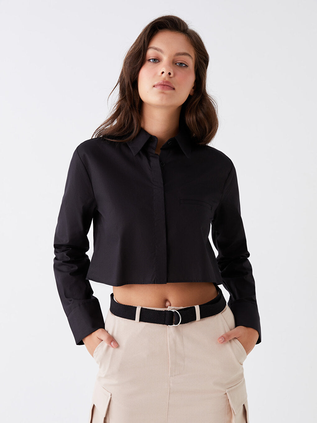 Plain Long Sleeve Crop Poplin Women's Shirt