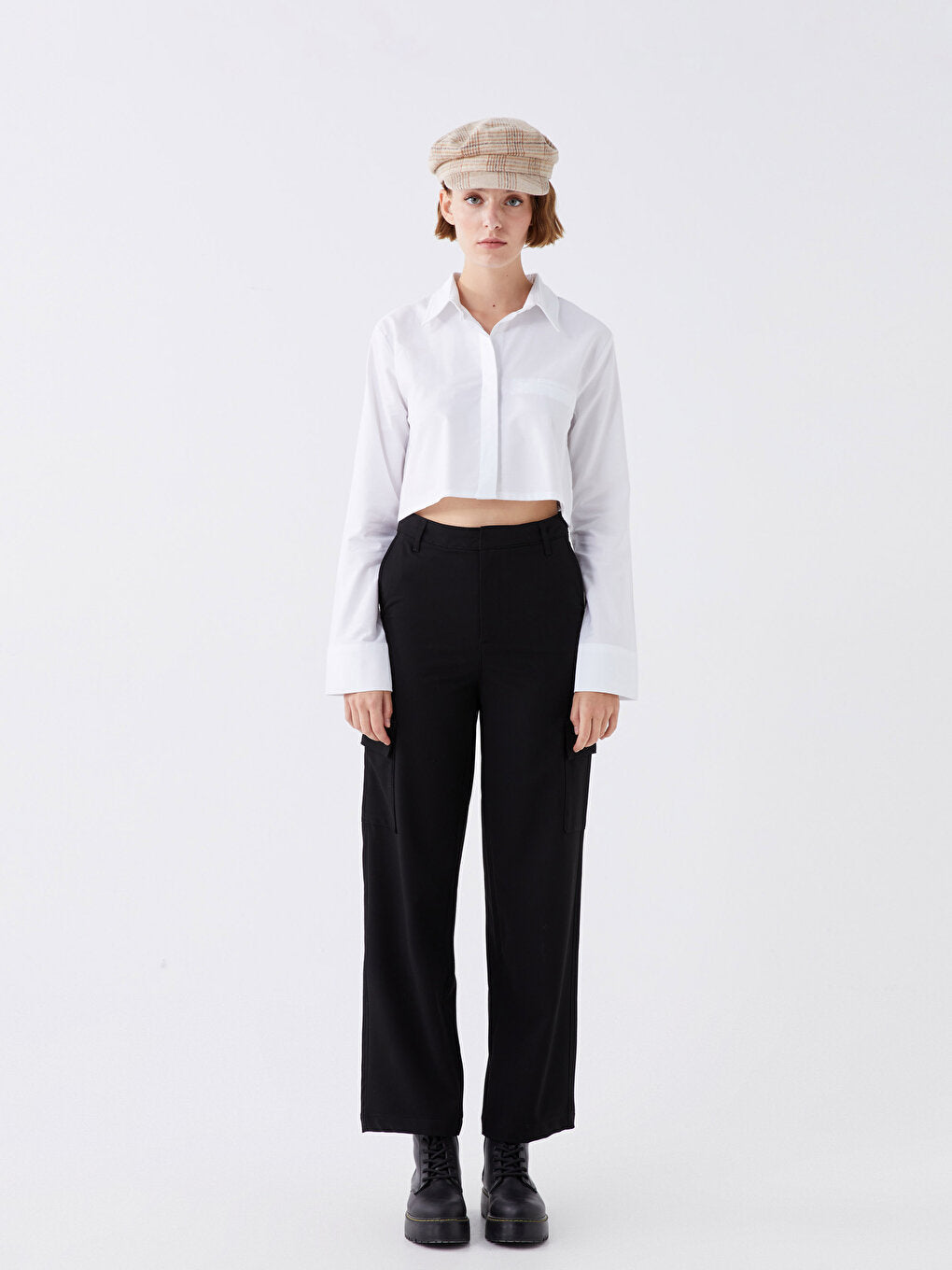 Plain Long Sleeve Crop Poplin Women's Shirt