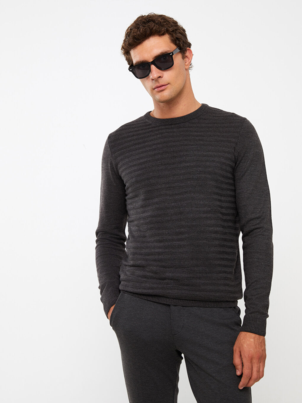 Crew Neck Long Sleeve Striped Men's Knitwear Sweater