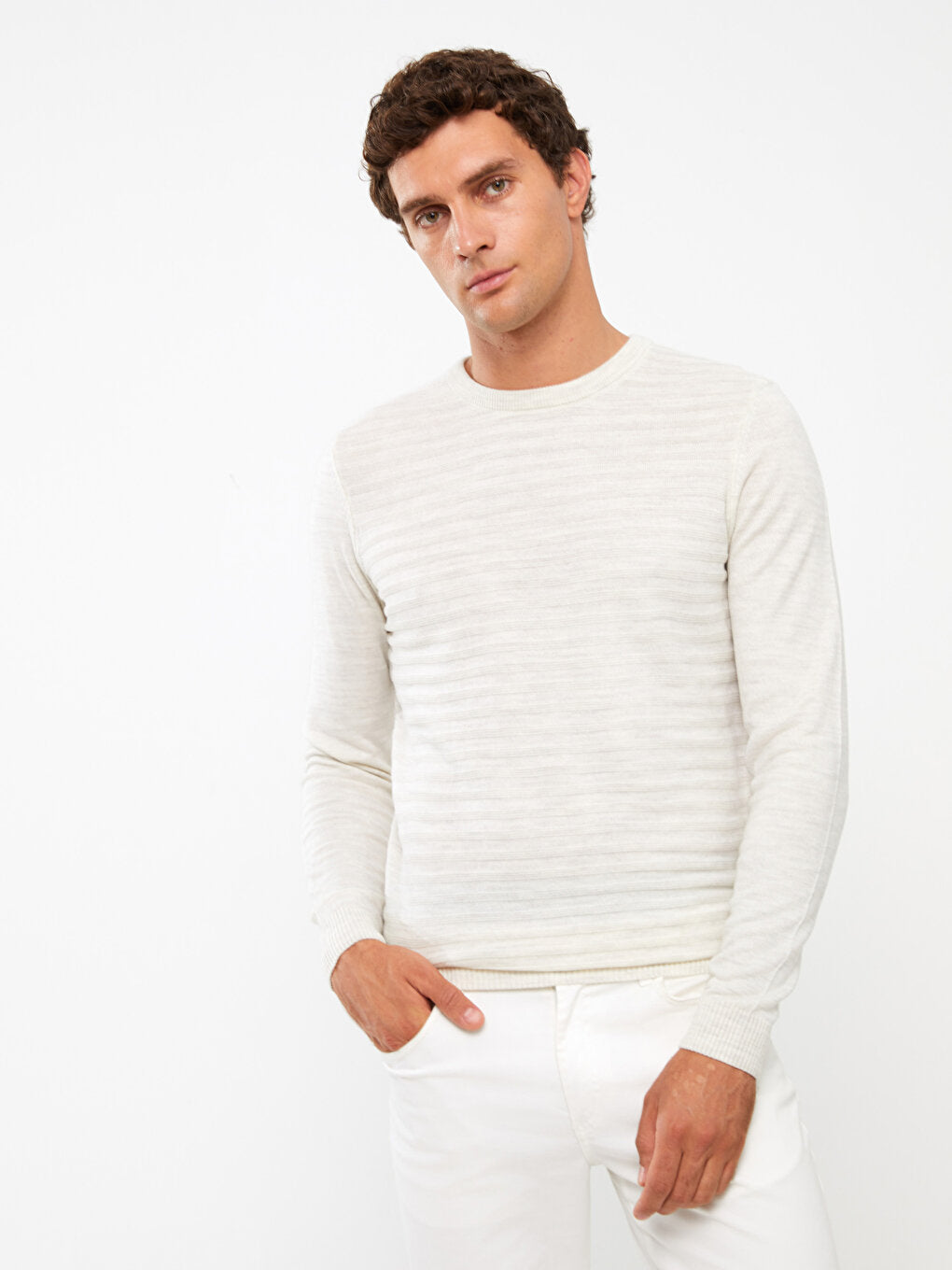 Crew Neck Long Sleeve Striped Men's Knitwear Sweater