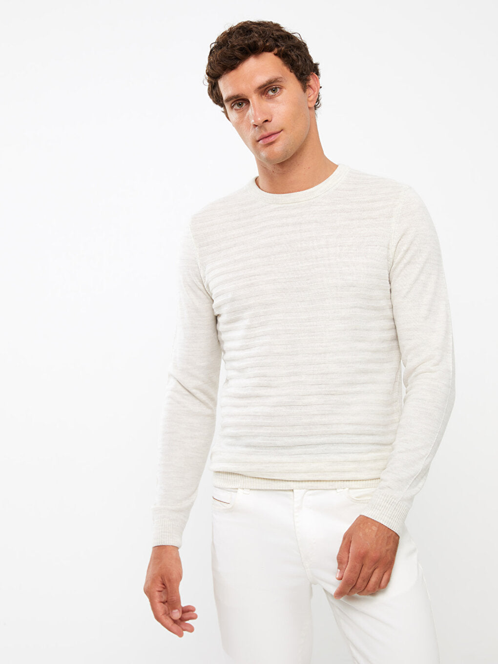 Crew Neck Long Sleeve Striped Men's Knitwear Sweater