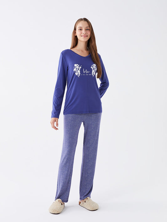 V-Neck Printed Long Sleeve Women's Pajama Set