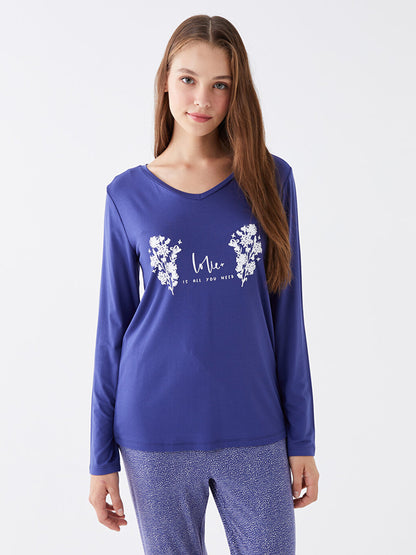 V-Neck Printed Long Sleeve Women's Pajama Set