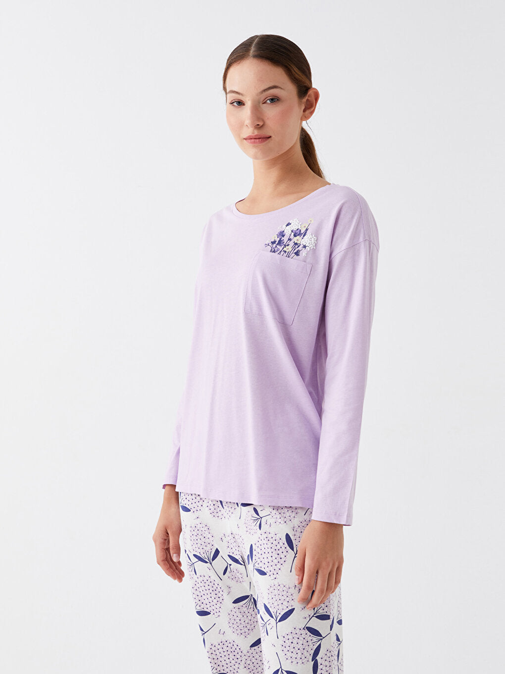 Crew Neck Printed Long Sleeve Women's Pajama Set