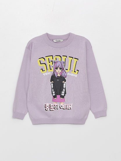 Crew Neck Printed Long Sleeve Girl's Knitwear Sweater